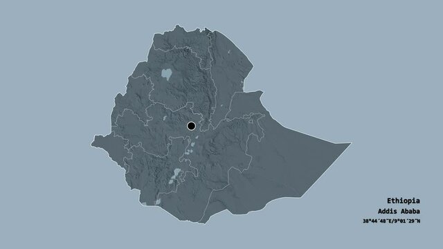 Somali, state of Ethiopia, with its capital, localized, outlined and zoomed with informative overlays on a administrative map in the Stereographic projection. Animation 3D