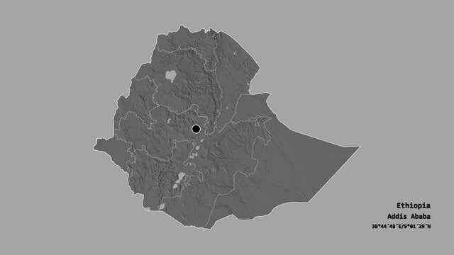 Somali, state of Ethiopia, with its capital, localized, outlined and zoomed with informative overlays on a bilevel map in the Stereographic projection. Animation 3D