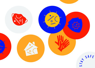 Coronavirus COVID-19 prevention round sticker set. Trendy colorful badges flat vector