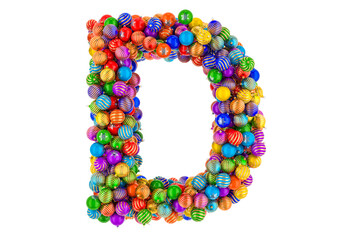 Letter D from colored Christmas balls. Xmas balls font, 3D rendering
