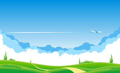 Obraz na płótnie Canvas Blue sky with clouds and an airplane flying over the green fields. Airliner over grazing meadow and trees. Illustration, vector