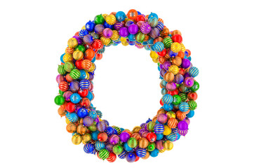 Letter O from colored Christmas balls. Xmas balls font, 3D rendering