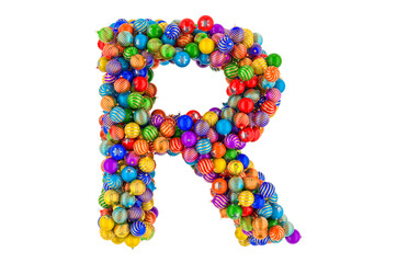 Letter R from colored Christmas balls. Xmas balls font, 3D rendering