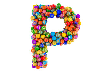 Letter P from colored Christmas balls. Xmas balls font, 3D rendering