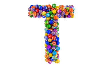 Letter T from colored Christmas balls. Xmas balls font, 3D rendering