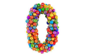 Number 0 from colored Christmas balls. Xmas balls font, 3D rendering