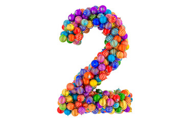 Number 2 from colored Christmas balls. Xmas balls font, 3D rendering