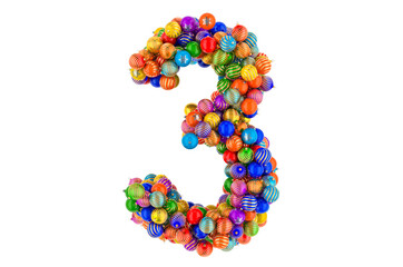 Number 3 from colored Christmas balls. Xmas balls font, 3D rendering