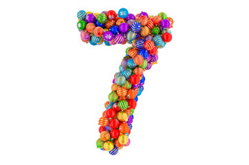Number 7 from colored Christmas balls. Xmas balls font, 3D rendering