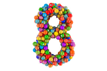 Number 8 from colored Christmas balls. Xmas balls font, 3D rendering