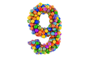 Number 9 from colored Christmas balls. Xmas balls font, 3D rendering