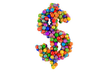 Dollar symbol from colored Christmas balls. 3D rendering