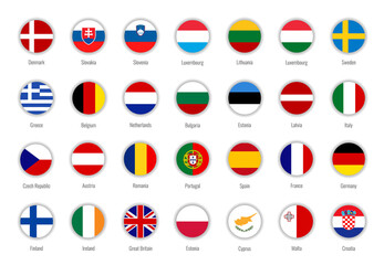 Set of vector flags of the European Union. Big Collection symbols flags. Isolated on white. Circle with the flag of the EU country.