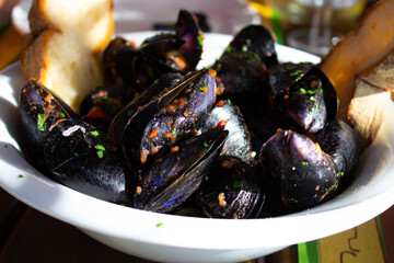 Peppery mussels - typical Venetian dish. White plate full of mussels seasoned with tomato and parsley and with bread. Traditional Italian food.