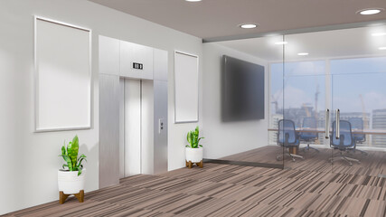 Elevator and meeting room on carpet floor 3D rendering