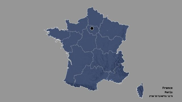 Bretagne, region of France, with its capital, localized, outlined and zoomed with informative overlays on a administrative map in the Stereographic projection. Animation 3D