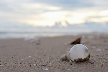 Fototapeta na wymiar Old bulb , waste pollution, left on the beach Environmental protection (Environmental concept Natural treatment)