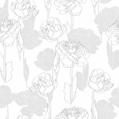 Line garden tulips flower illustration. Grey white line seamless pattern.