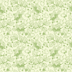 Floral seamless pattern. Exotic tropical fruit Jujube sometimes Ziziphus jujuba or zizyphus, red date, Chinese date, Korean date, Indian date. Leaves, Flowers, Berries. Medicinal plant