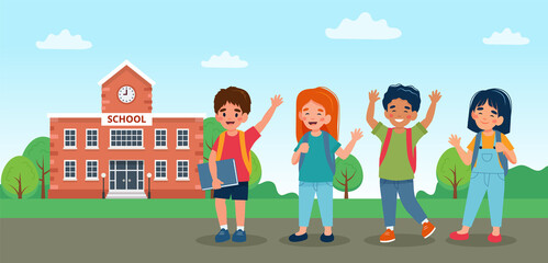Obraz na płótnie Canvas Children walking to school, cute colorful characters. Vector illustration in flat style