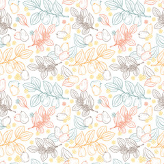 Floral seamless pattern. Exotic tropical fruit Jujube sometimes Ziziphus jujuba or zizyphus, red date, Chinese date, Korean date, Indian date. Leaves, Flowers, Berries. Medicinal plant