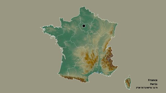 Bretagne, region of France, with its capital, localized, outlined and zoomed with informative overlays on a relief map in the Stereographic projection. Animation 3D