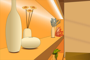 Decorative shelf with vases and flowers in the cafe. Vector illustration