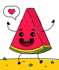 Happy fruit with emotions on the beach. National watermelon day on August 3. Summer holiday. Vector funny illustration.