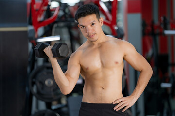 Fototapeta premium Sporty man training with dumbbell in gym
