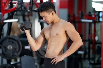 Sporty man training with dumbbell in gym