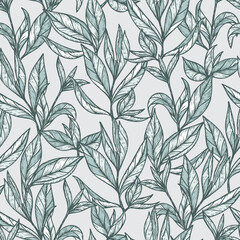 Hand drawn engraving style Green tea leaves Seamless pattern. Vintage blue leaf Vector illustration