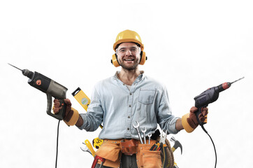 Construction worker in dirty clothes with a hammer and drill at work
