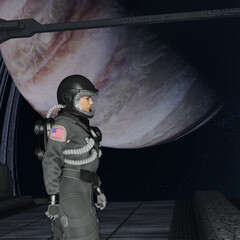 Woman astronaut on a space walkway with a planet with rings in the background