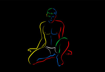 Sexy young naked man, erotic posing with white pants. Colored lines artwork, outline vector illustration on black background, modern gay comic style.
