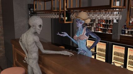 Illustration of a gray alien and blue skin alien standing in a bar