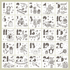 Christmas advent calendar. Hand Drawn Doodle Christmas characters and decorations. Holiday Set