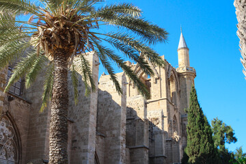 Bottom view of the palm tree and the minaret of the Lala Mustafa Pasha Mosque (former St. Nicholas Cathedral). Famagusta. Cyprus...