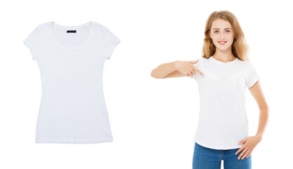 Girl white tshirt mock up, empty T-shirt closeup, summer tshirt over white background, woman t shirt mockup