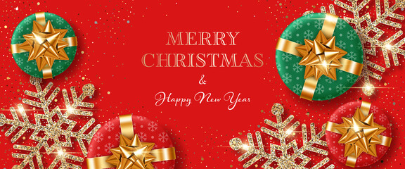 Christmas background with gift boxes and shiny snowflakes made of golden confetti. Design element for greeting card, party invitation or banner
