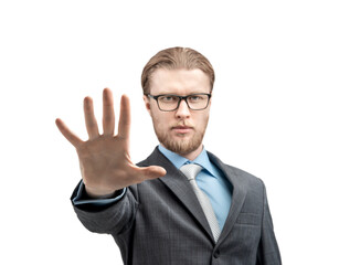 portrait man businessman showing gesture STOP