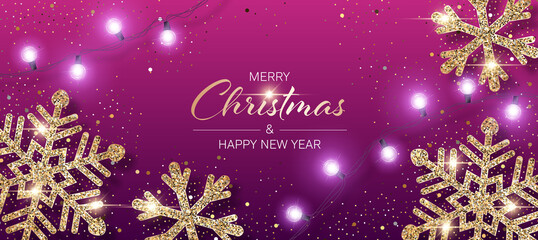 Christmas background with shiny snowflakes made of golden confetti and lights garlands. Design element for greeting card, party invitation or banner
