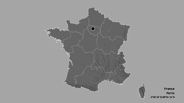 &Icirc;le-de-France, region of France, with its capital, localized, outlined and zoomed with informative overlays on a bilevel map in the Stereographic projection. Animation 3D