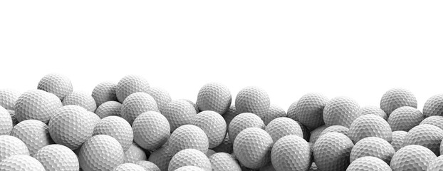 White golf balls on white background, banner, close up view, 3d illustration - obrazy, fototapety, plakaty
