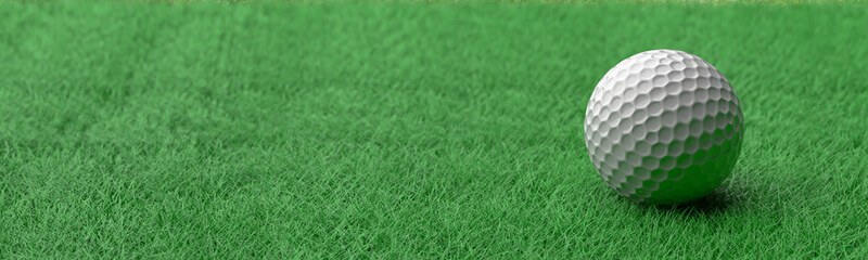White golf ball on green grass golf course, close up view. 3d illustration - obrazy, fototapety, plakaty