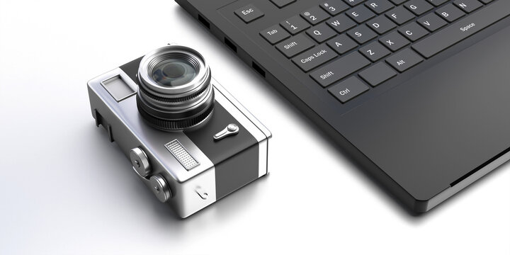 Photo camera and laptop on white background. 3d illustration