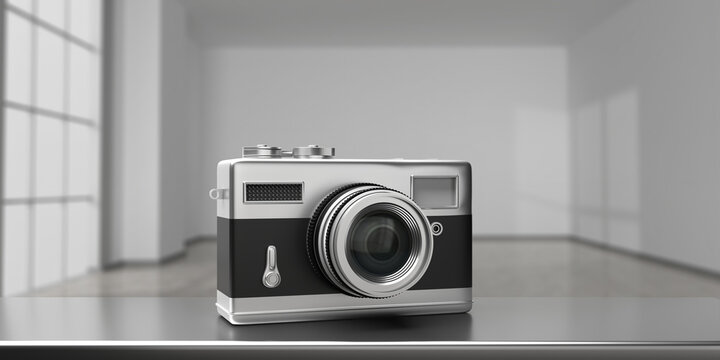 Vintage film photo camera on empty room background. 3d illustration