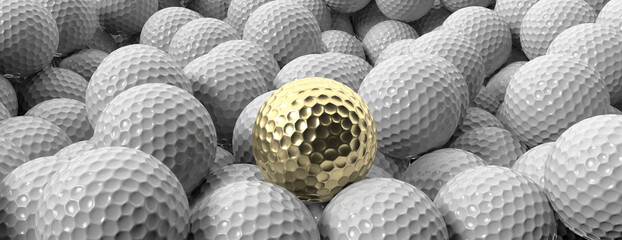 White golf balls background, banner, close up view, 3d illustration