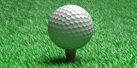 White golf ball on tee, green grass golf course, close up view. 3d illustration