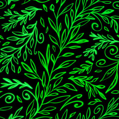 Hand drawn seamless pattern of floral  doodles on black background