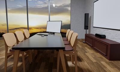 TV monitor Blank white screen And home theater speakers Desktop computer The screen is blank white. The floor is made of parquet and glass windows with mountain views and morning sunlight.3D Rendering